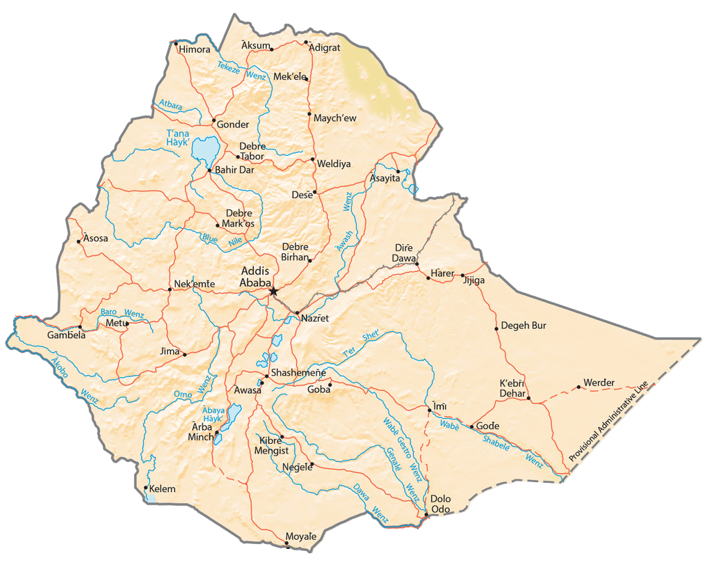Bản đồ vật lý Ethiopia