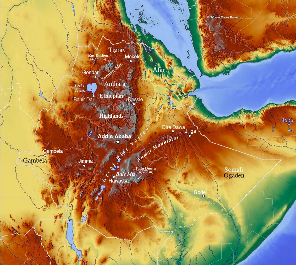 Bản đồ địa hình của Ethiopia cho thấy các đặc điểm địa lý chính của đất nước.