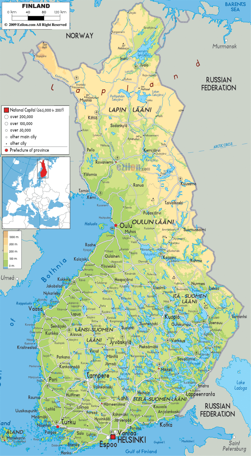 Bản đồ vật lý Phần Lan