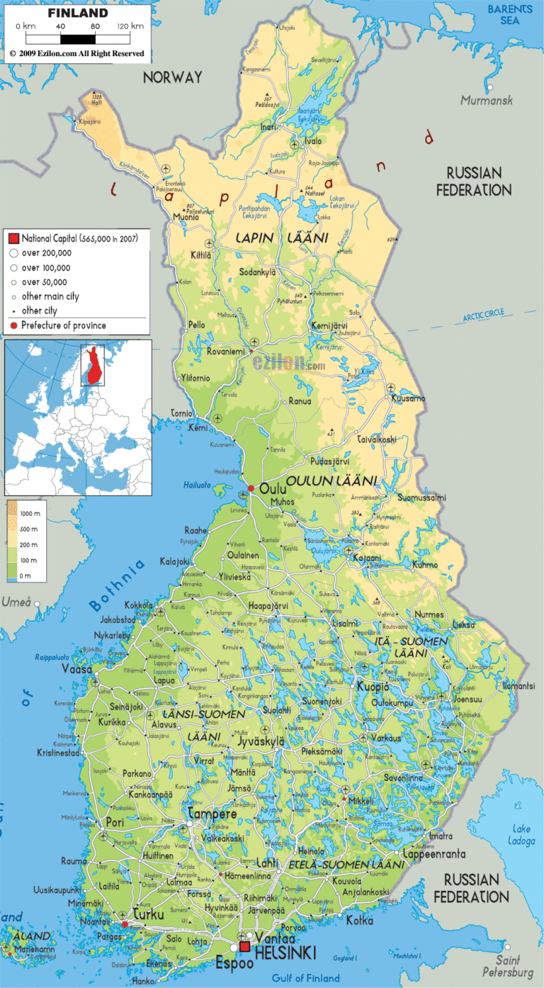 Bản đồ tự nhiên Phần Lan khổ lớn