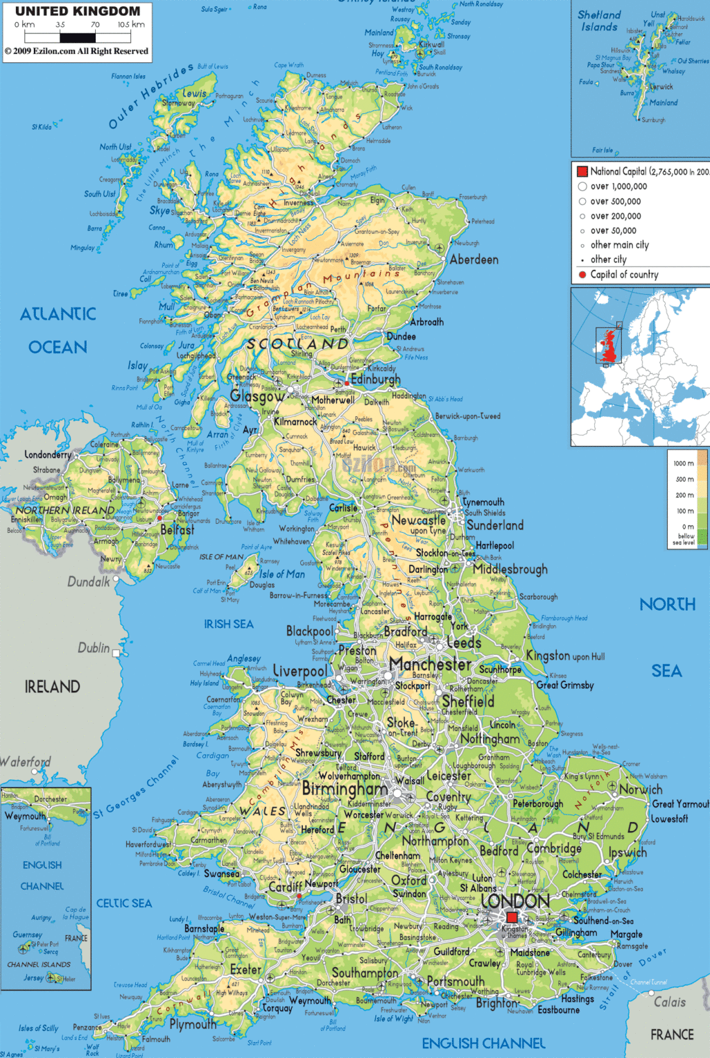 United Kingdom physical map.