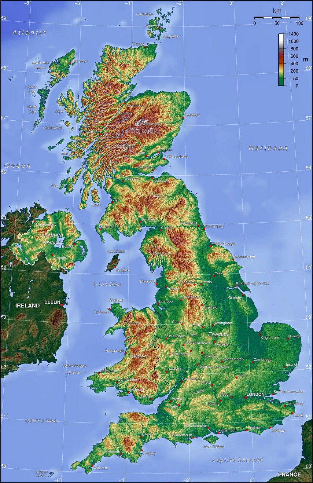Bản đồ địa hình Vương quốc Anh