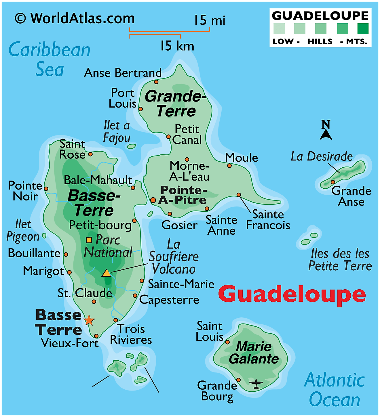 Bản đồ vật lý của Guadeloupe
