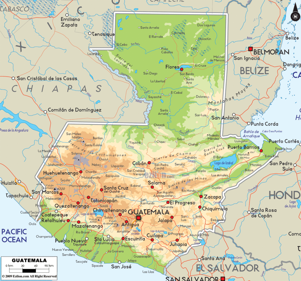 Guatemala physical map.