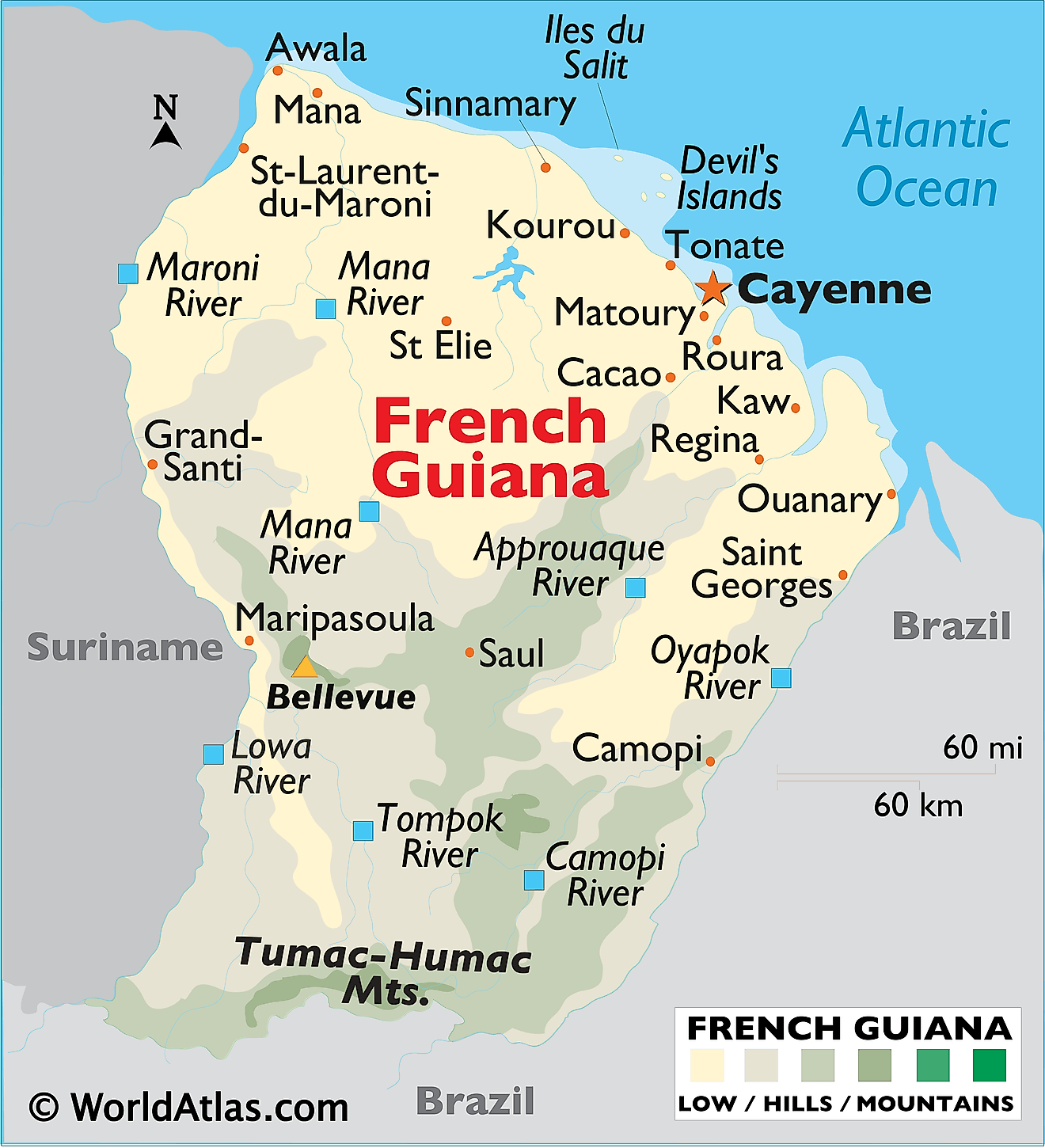 Bản đồ vật lý của Guiana thuộc Pháp