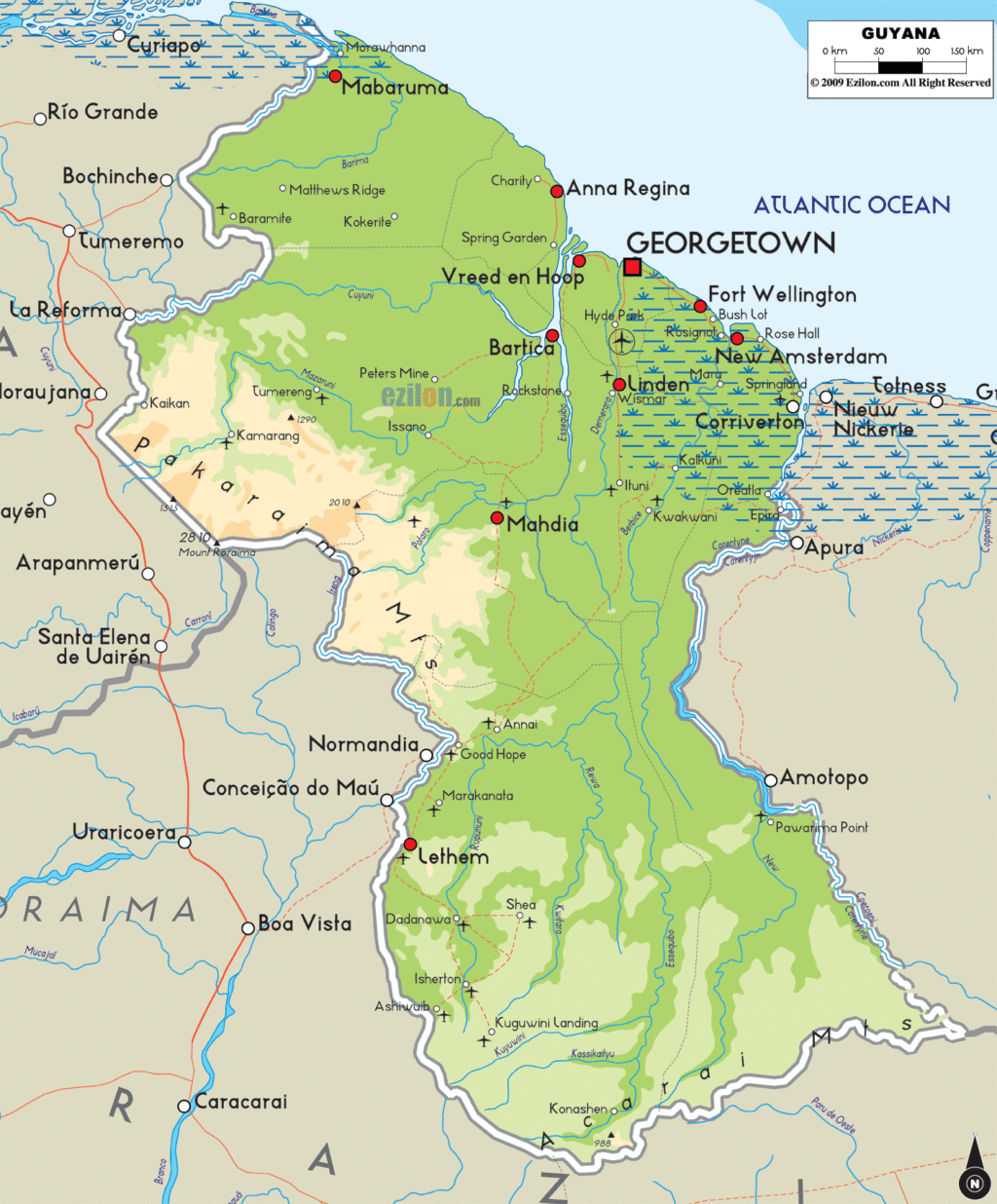 Guyana physical map.