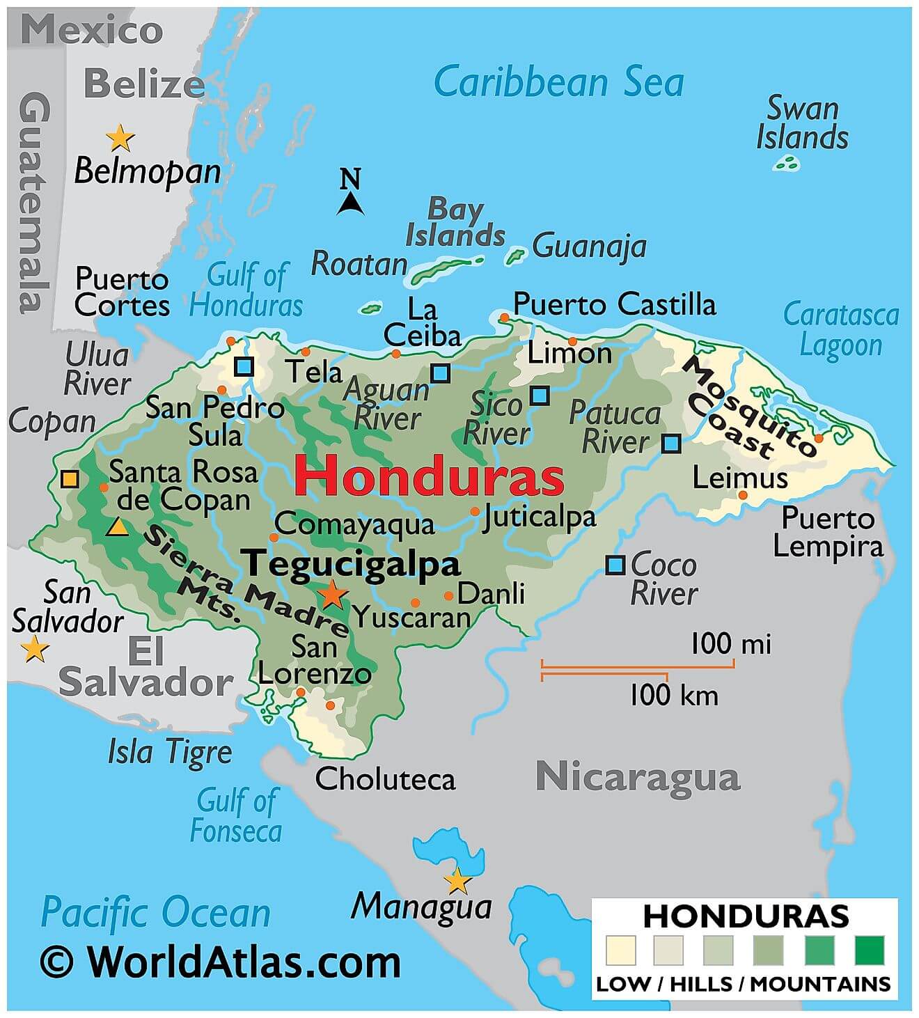Bản đồ vật lý của Honduras