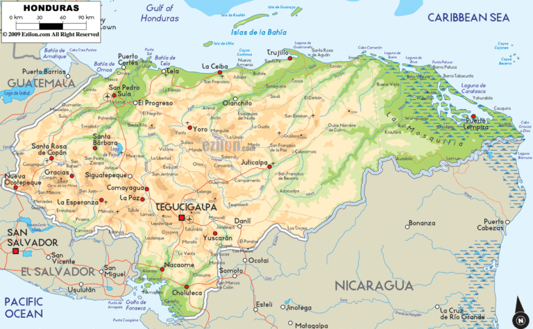 Bản đồ tự nhiên Honduras khổ lớn