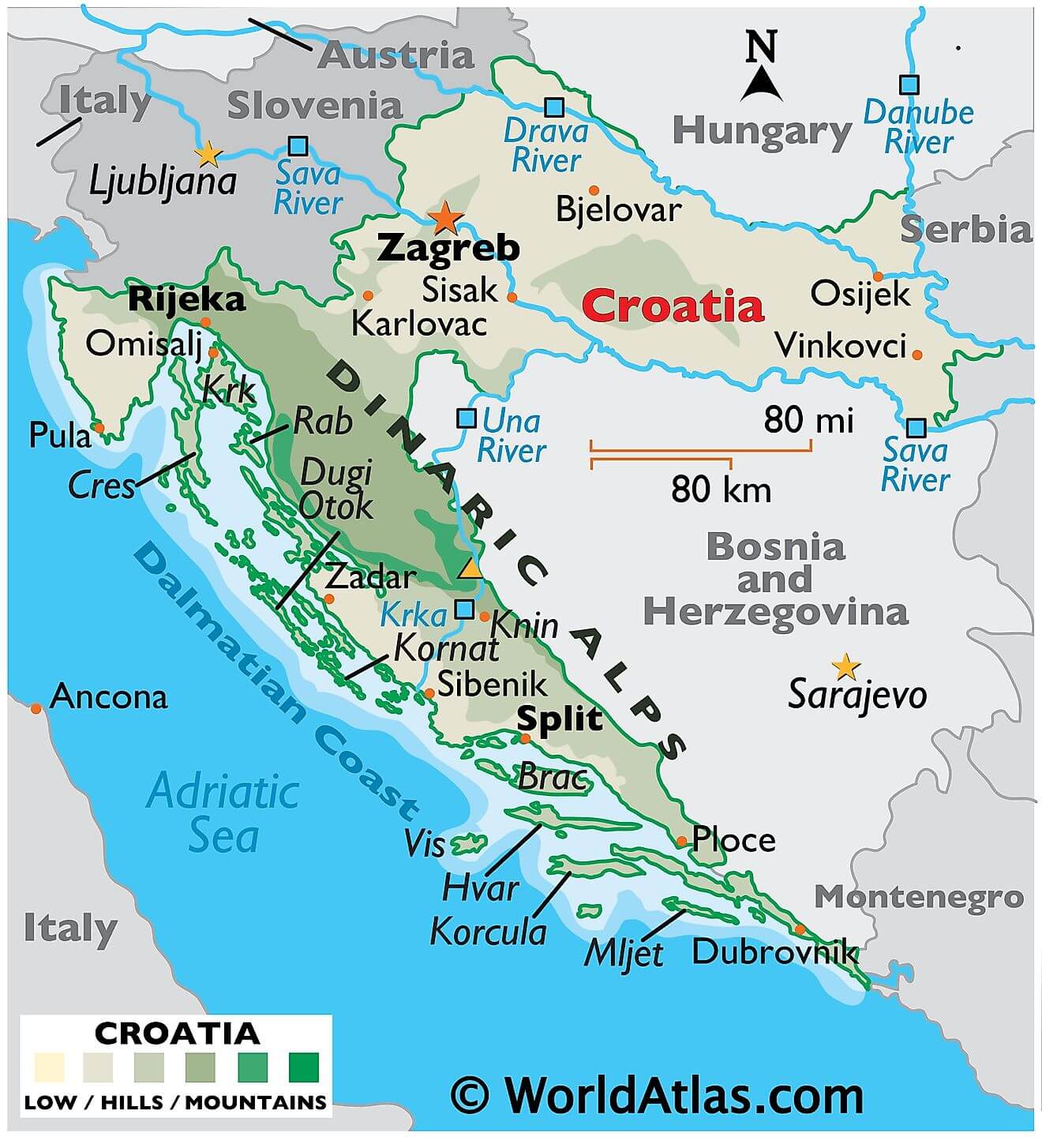 Bản đồ vật lý của Croatia