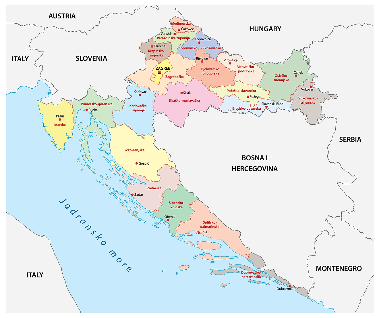 Bản đồ các hạt của Croatia
