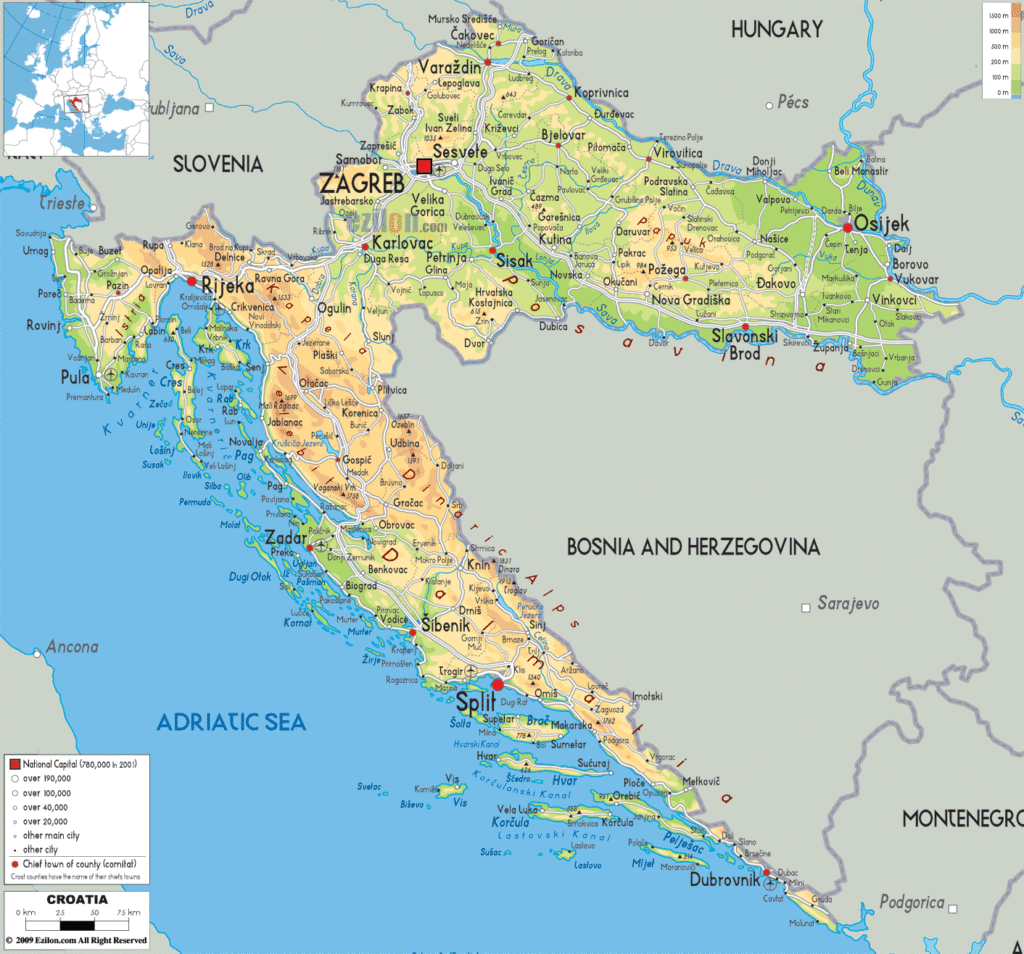 Bản đồ vật lý Croatia