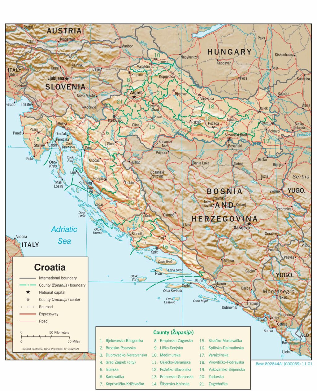 Bản đồ vật lý Croatia