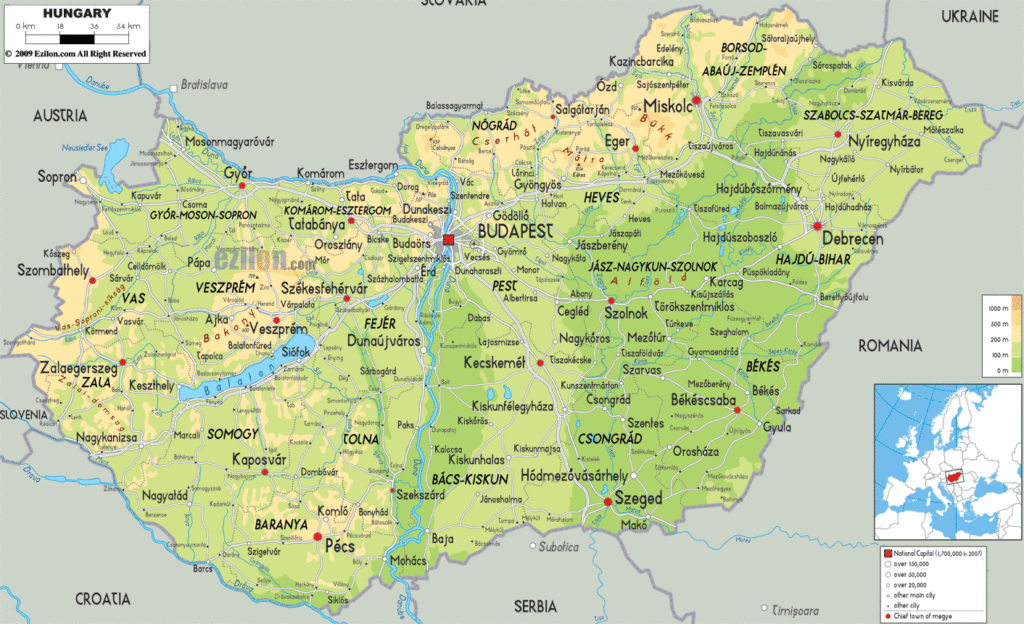 Bản đồ vật lý Hungary