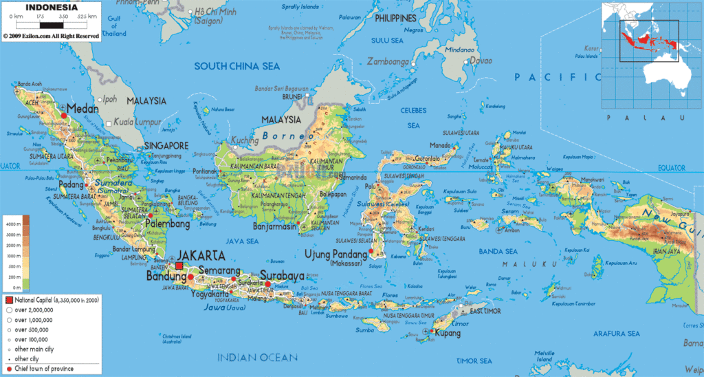 Indonesia physical map.
