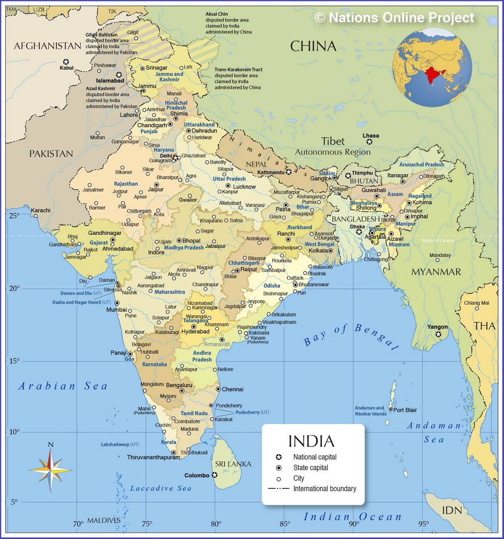 Bản đồ hành chính của Ấn Độ với các tiểu bang, lãnh thổ liên minh, thủ đô và các thành phố lớn