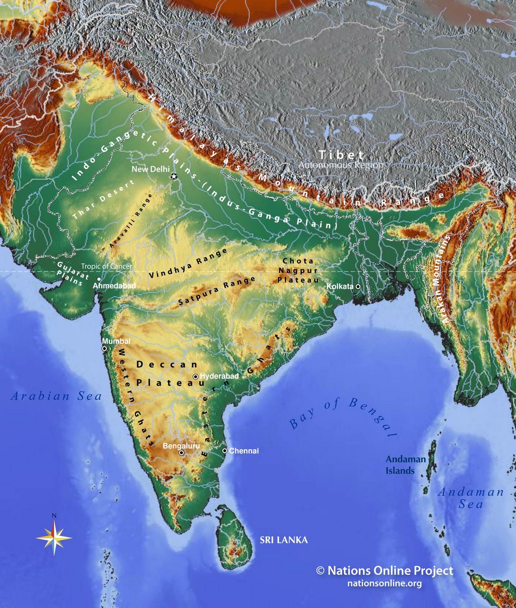 Bản đồ địa hình của tiểu lục địa Ấn Độ
