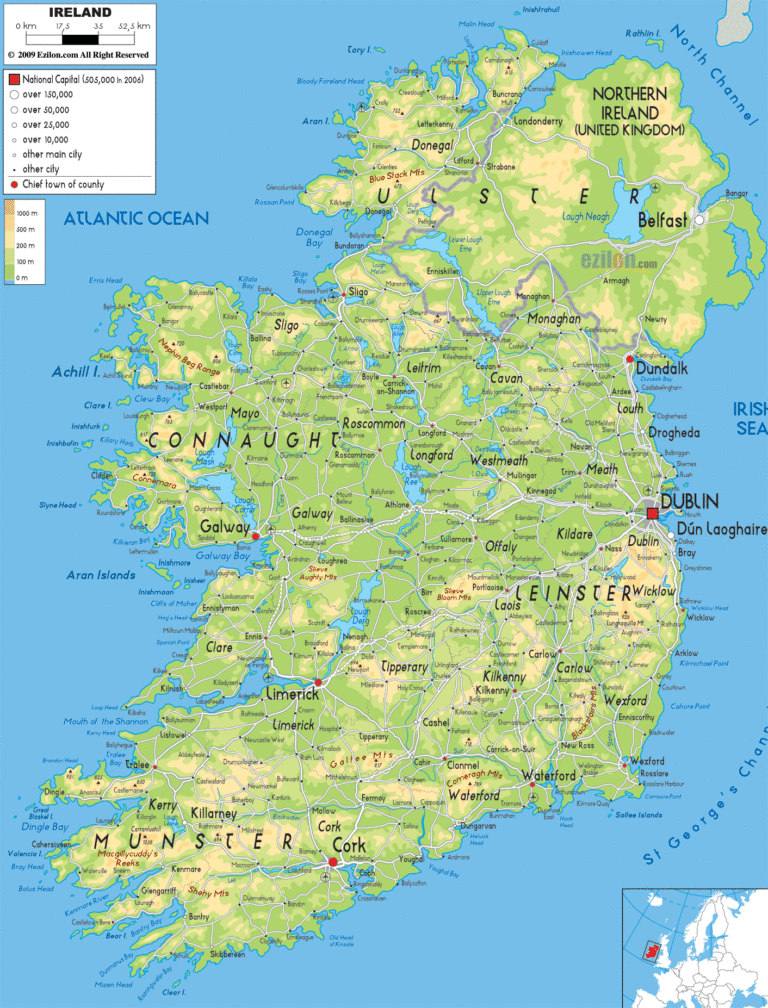 Bản đồ tự nhiên Ireland khổ lớn