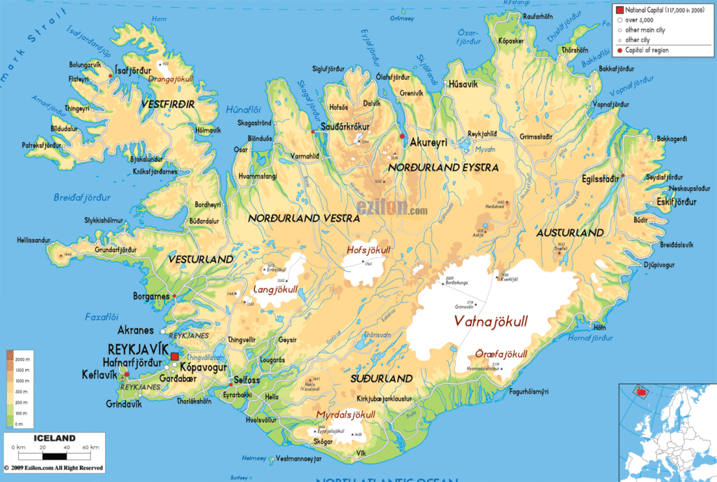 Iceland physical map.