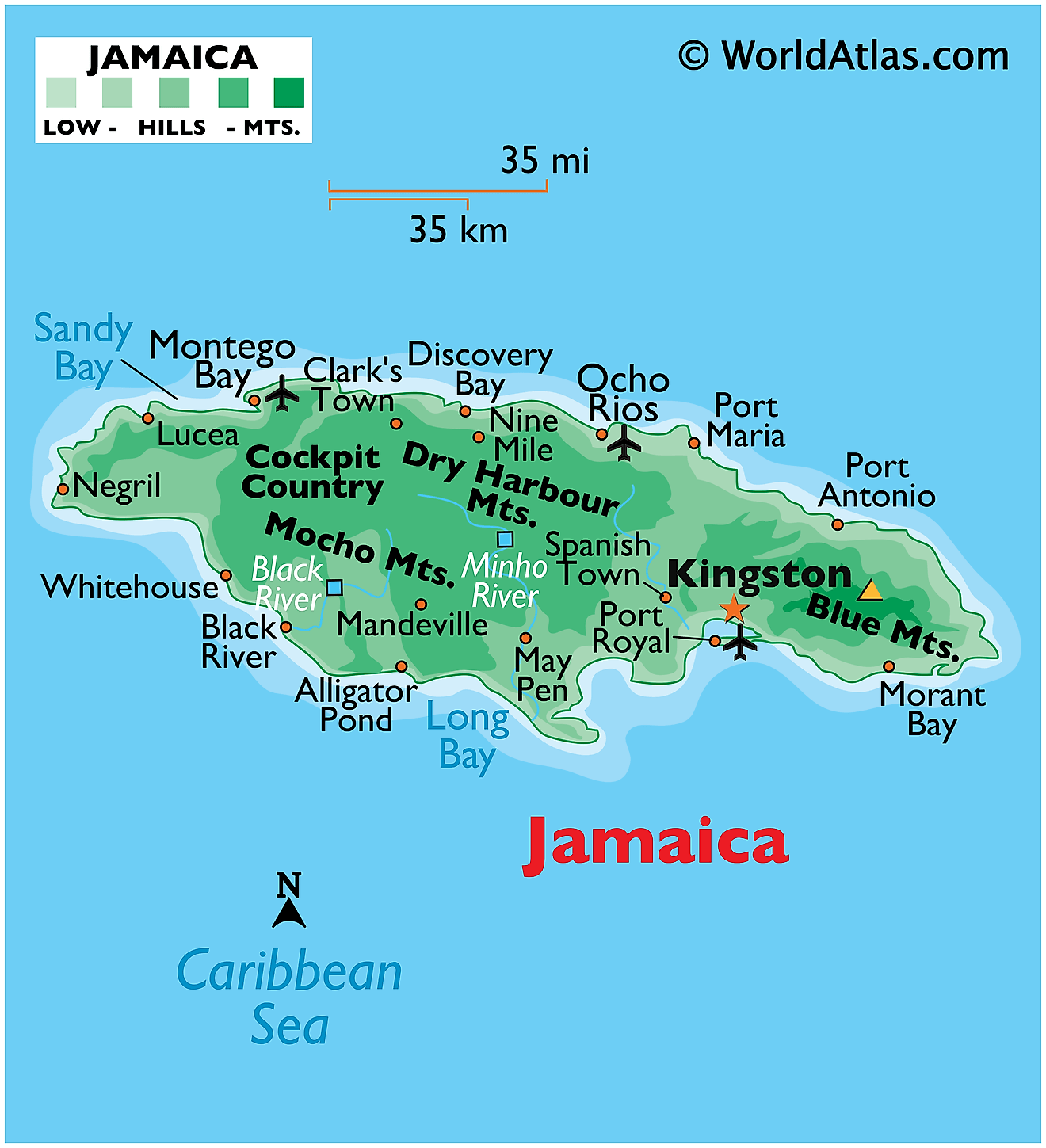 Bản đồ vật lý của Jamaica