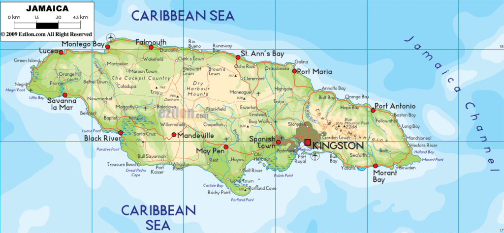 Bản đồ vật lý Jamaica