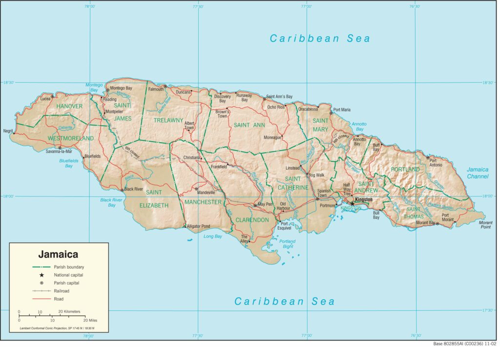 Bản đồ vật lý Jamaica