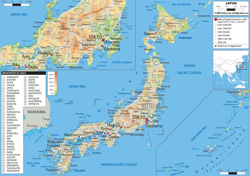 Japan physical map.