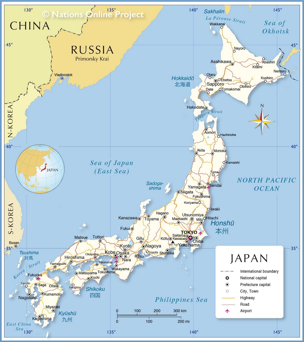 Bản đồ hành chính của các đảo chính của Nhật Bản.