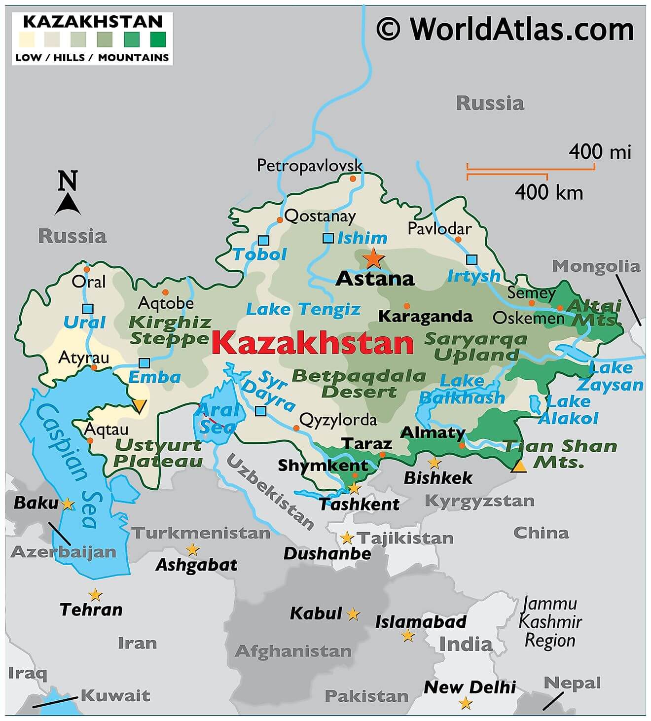 Bản đồ vật lý của Kazakhstan