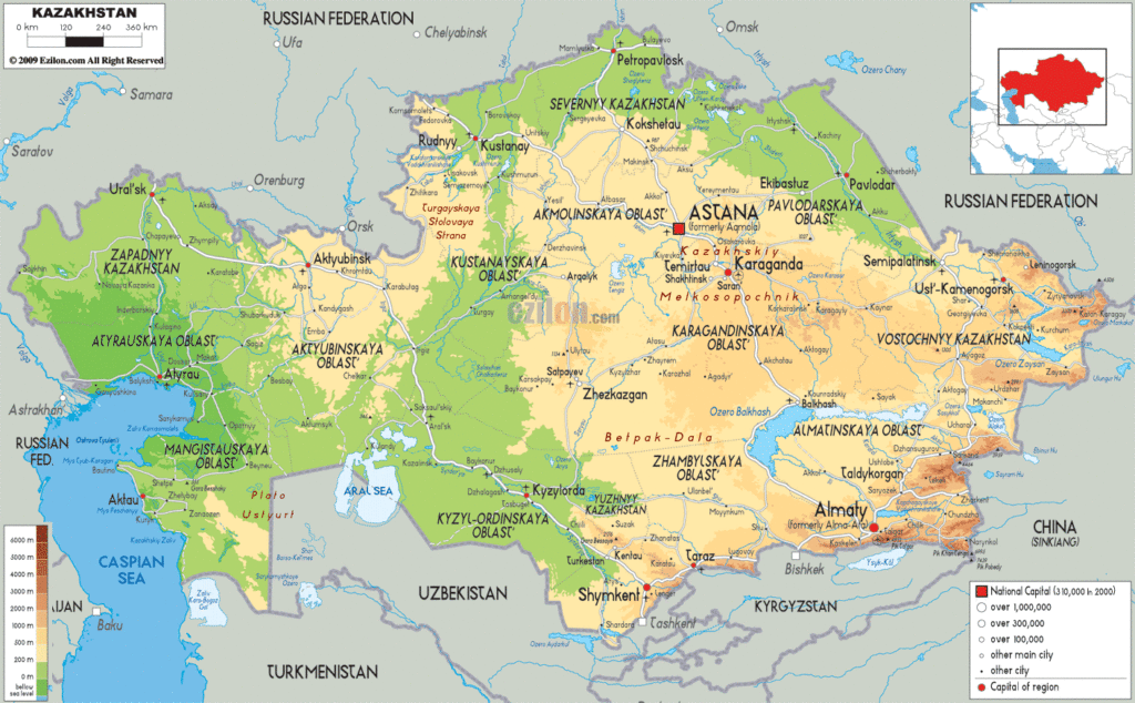 Bản đồ vật lý Kazakhstan