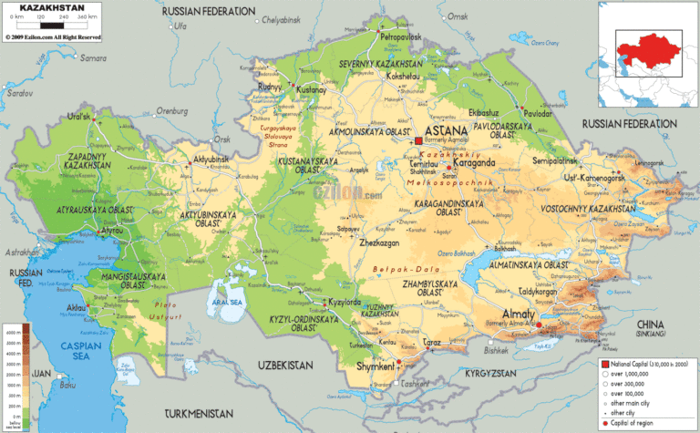 Bản đồ tự nhiên Kazakhstan khổ lớn