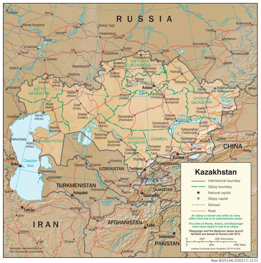 Bản đồ vật lý Kazakhstan