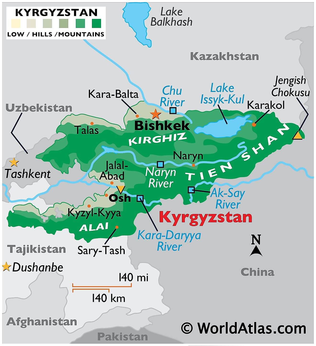 Bản đồ vật lý của Kyrgyzstan