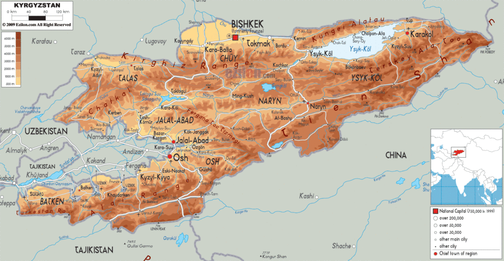Kyrgyzstan physical map.