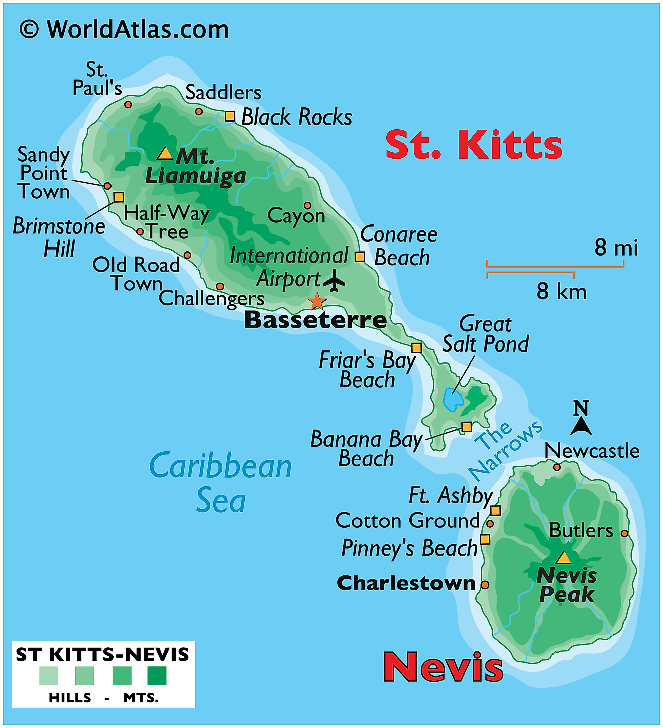 Physical Map of Saint Kitts and Nevis