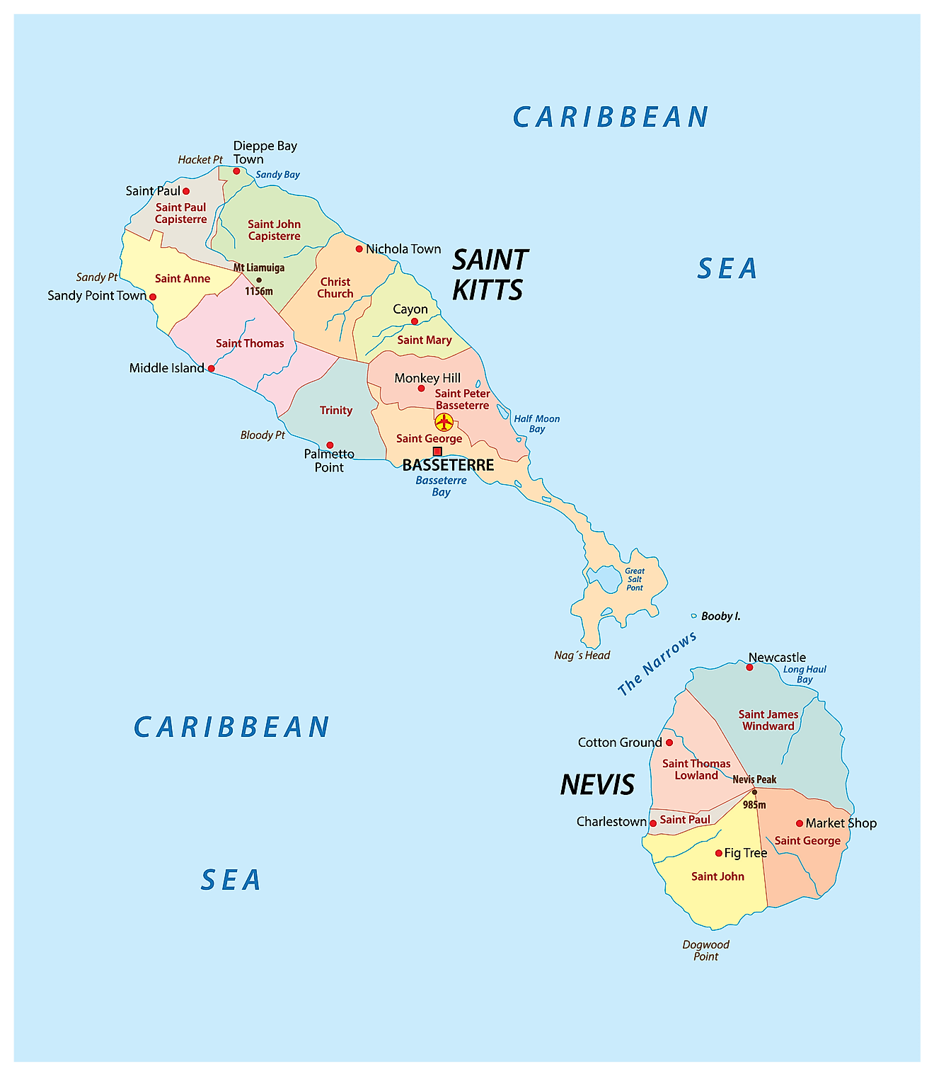 Parishes of Saint Kitts and Nevis Map