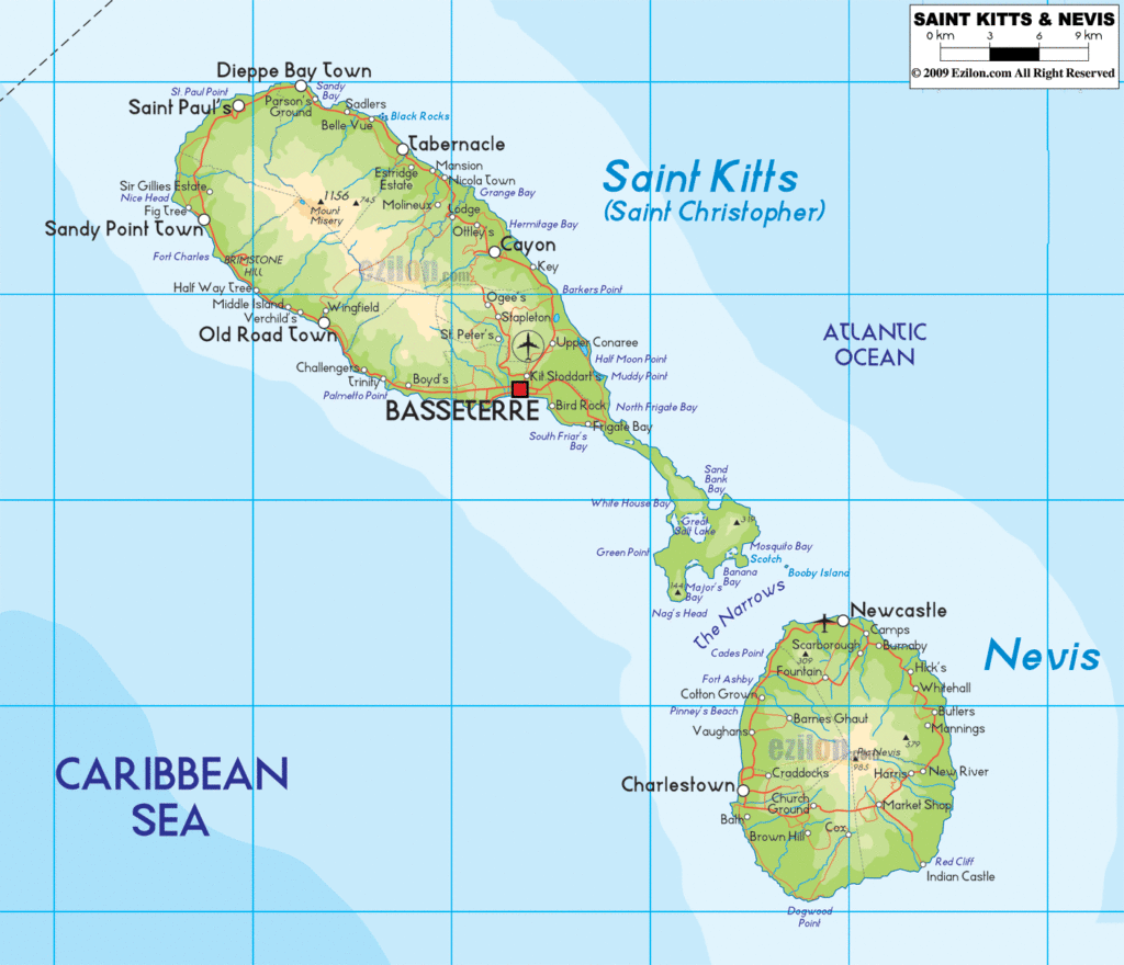 Saint Kitts & Nevis physical map.