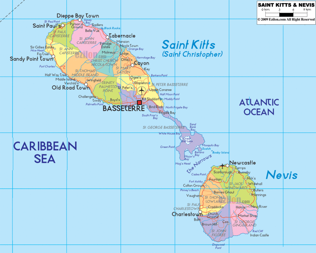 Saint Kitts & Nevis political map.