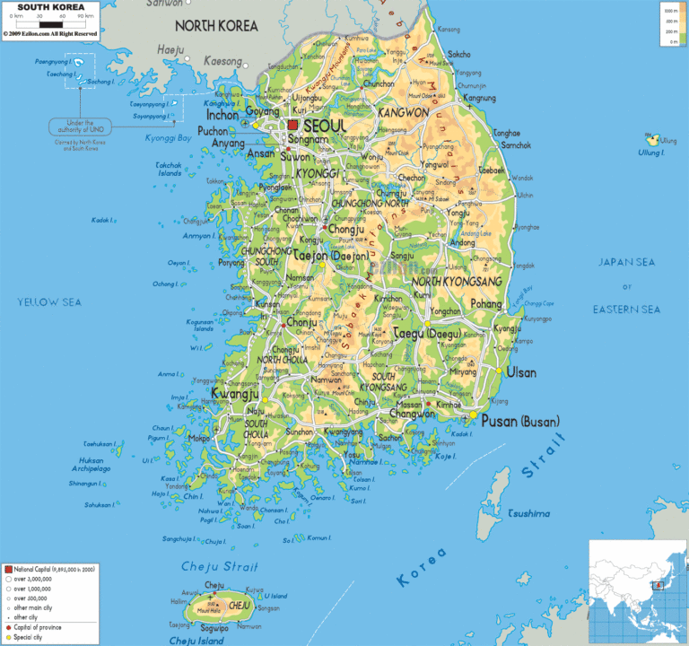 Bản đồ tự nhiên Hàn Quốc khổ lớn