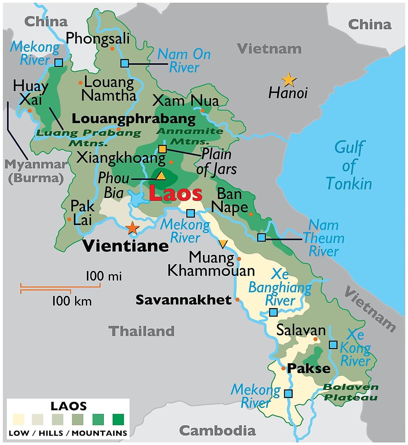 Physical Map of Lao People's Democratic Republic
