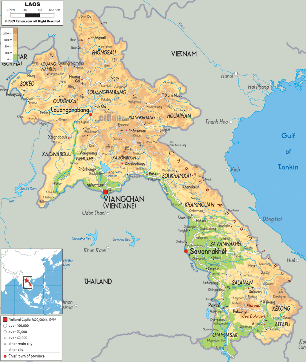 Laos physical map.