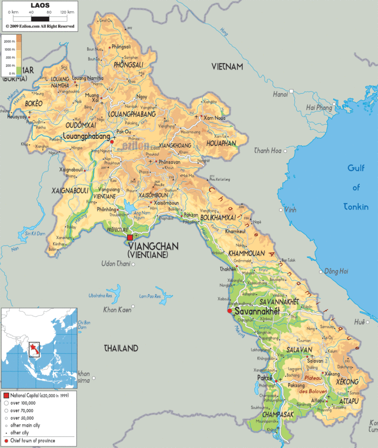 Bản đồ tự nhiên nước Lào khổ lớn