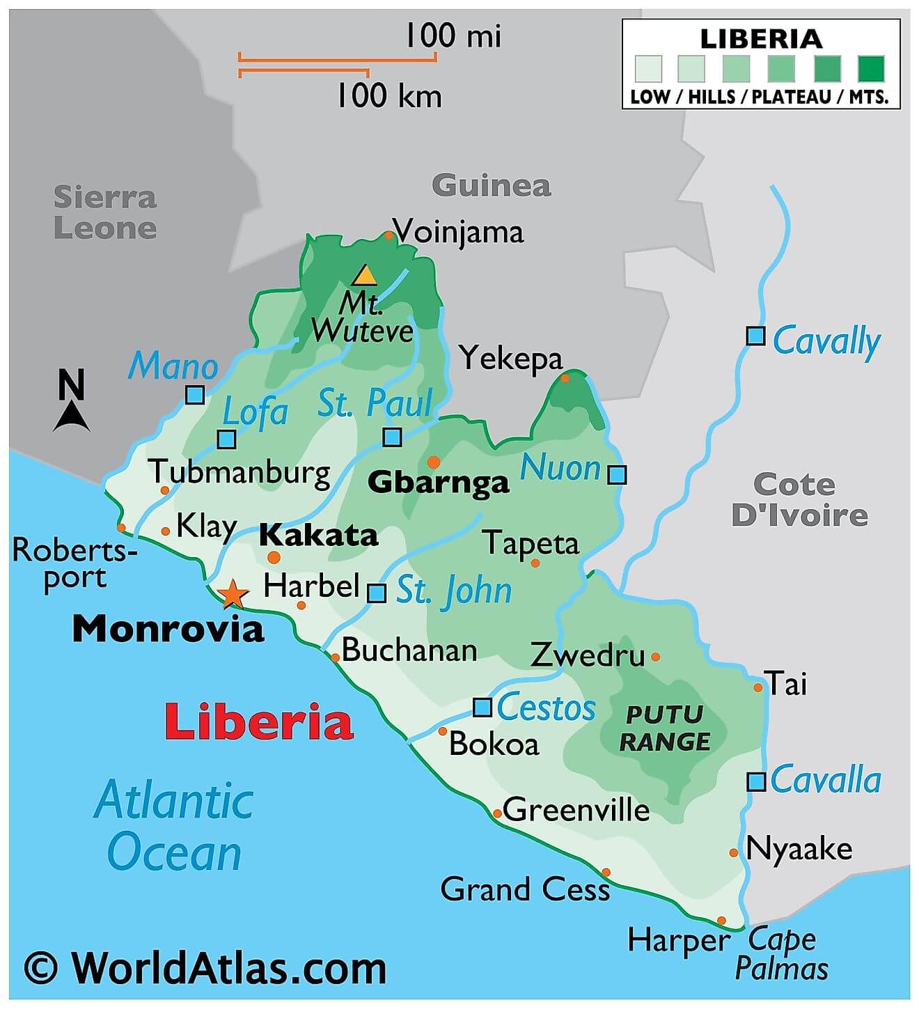Bản đồ vật lý của Liberia