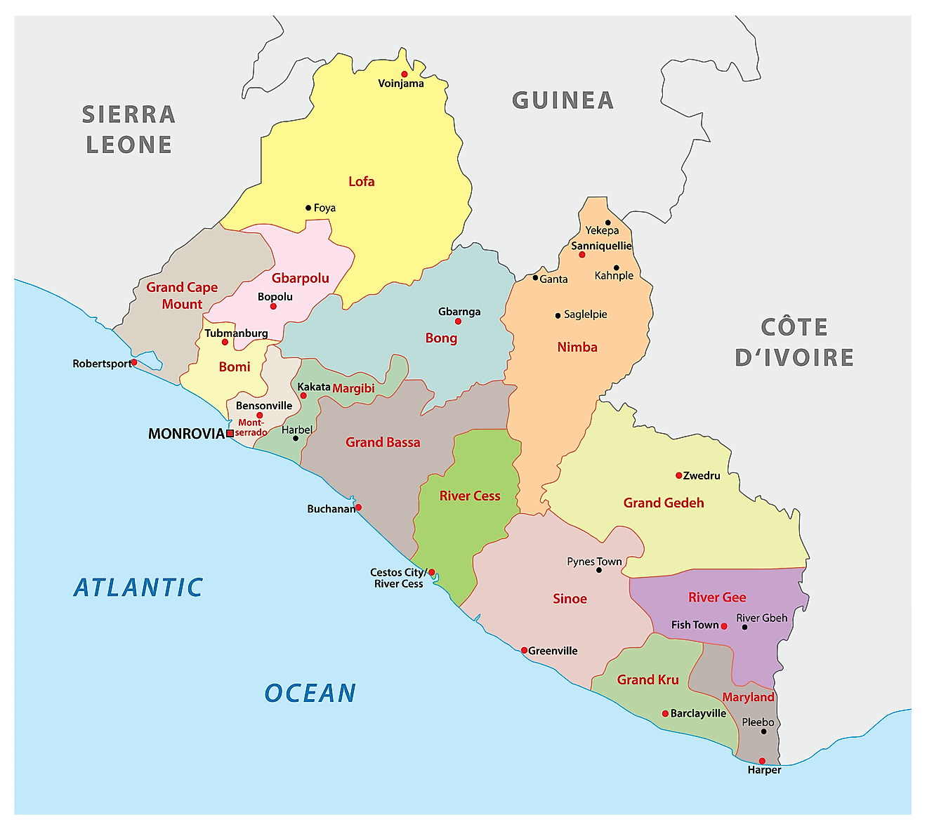 Các hạt của Liberia Bản đồ