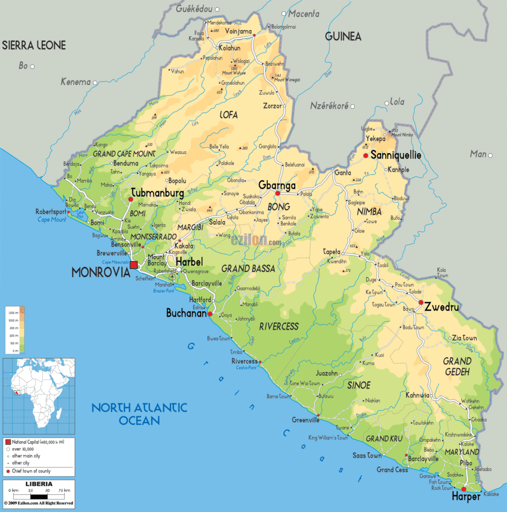 Bản đồ vật lý Liberia