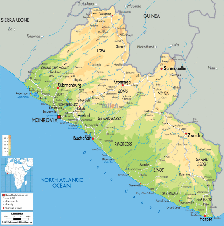 Bản đồ tự nhiên Liberia khổ lớn