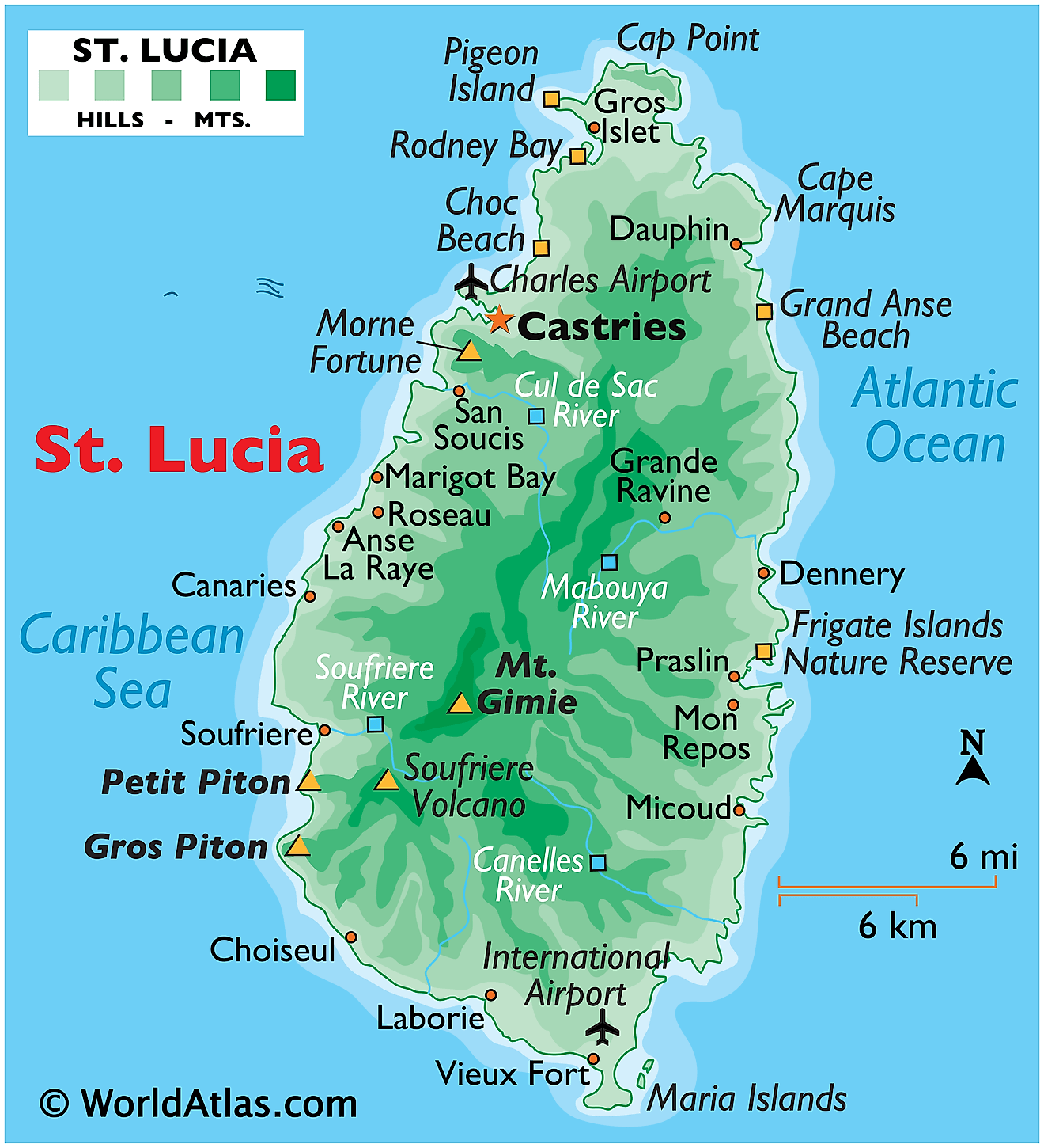 Physical Map of Saint Lucia
