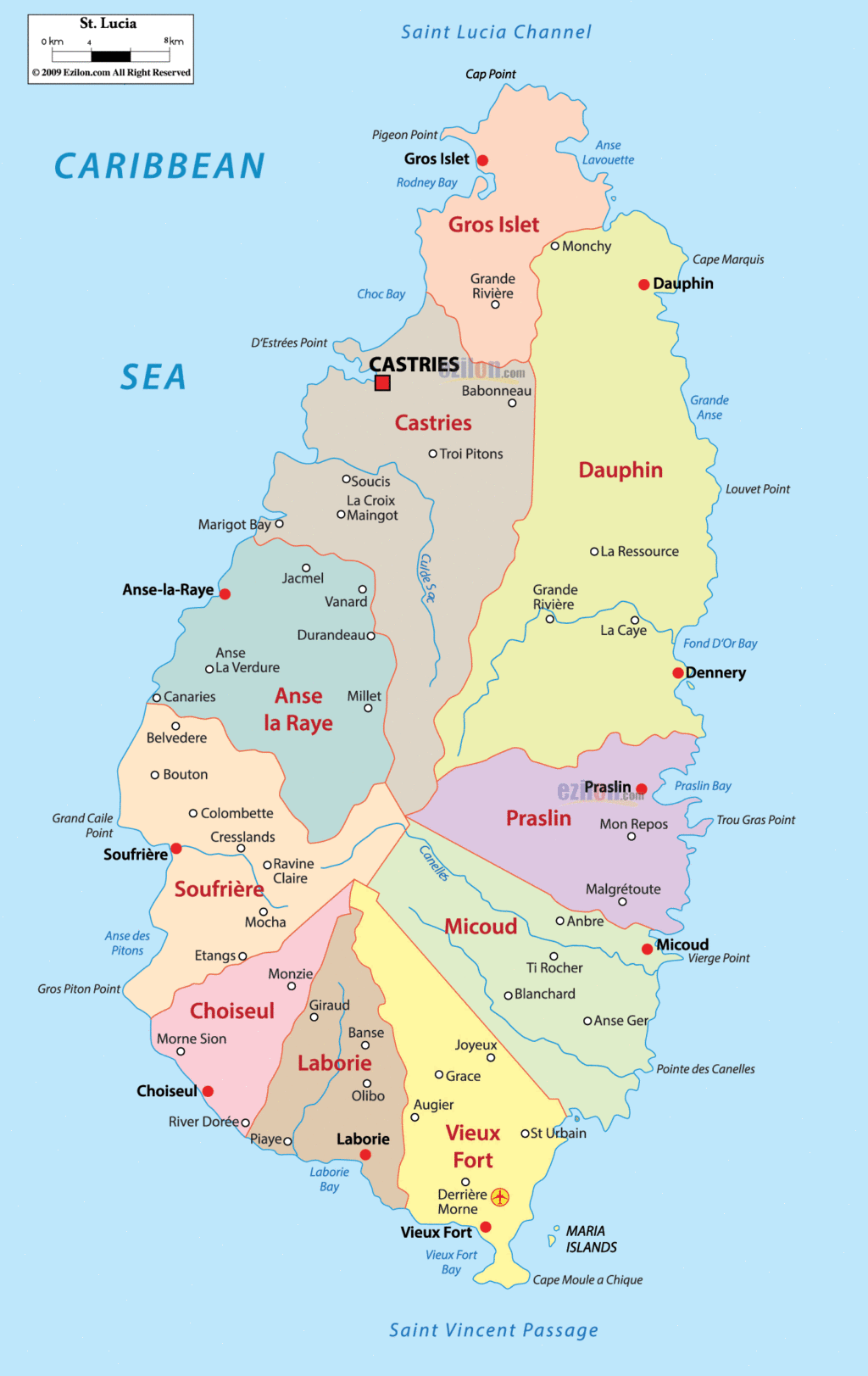 Saint Lucia political map.