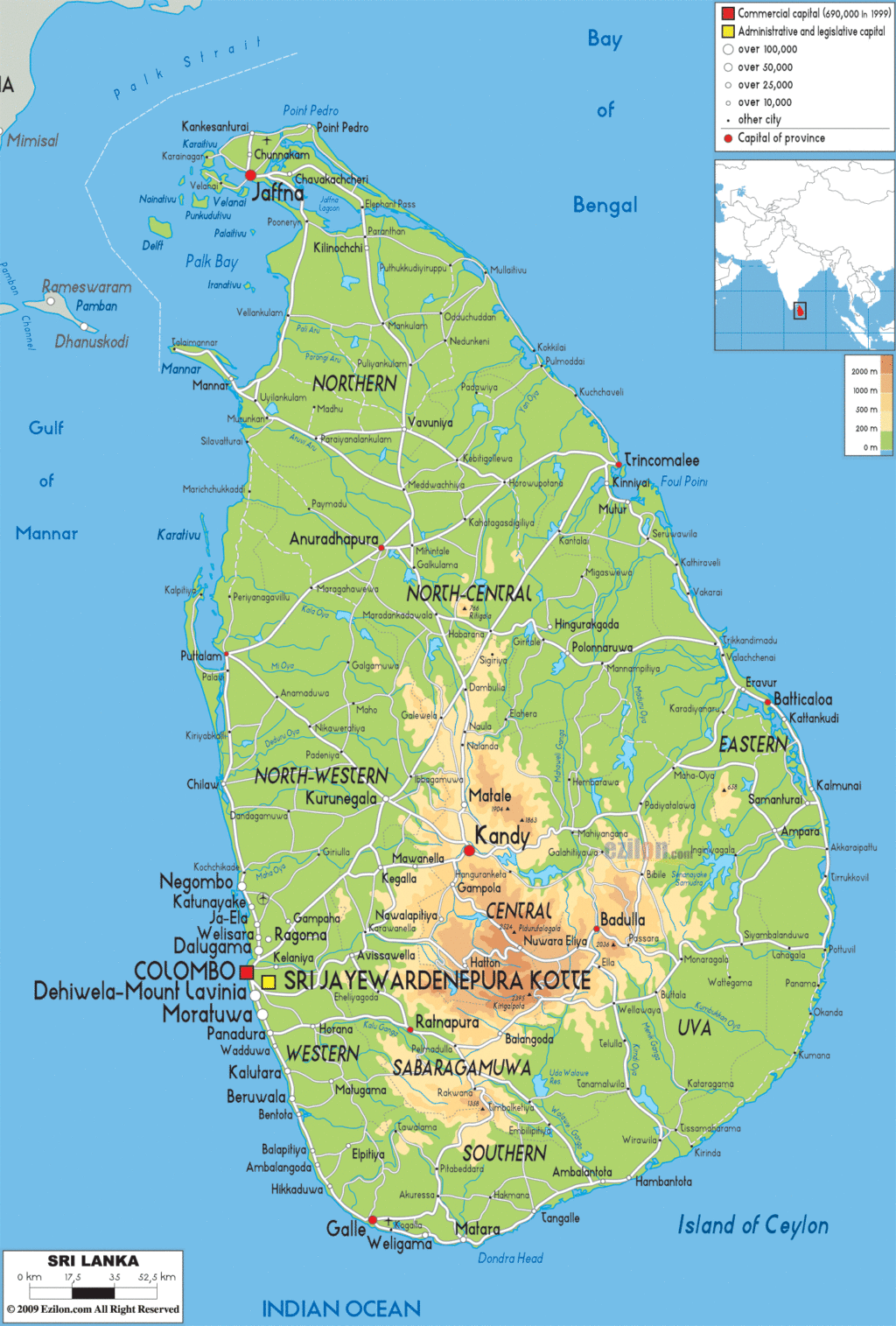 Sri Lanka physical map.