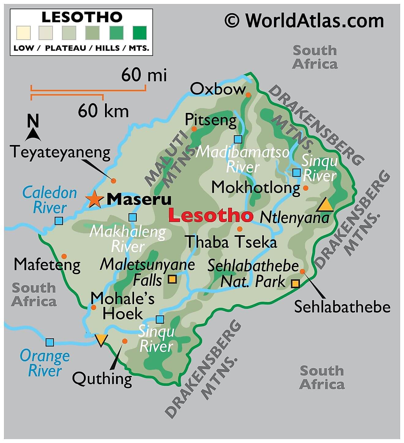 Bản đồ vật lý của Lesotho