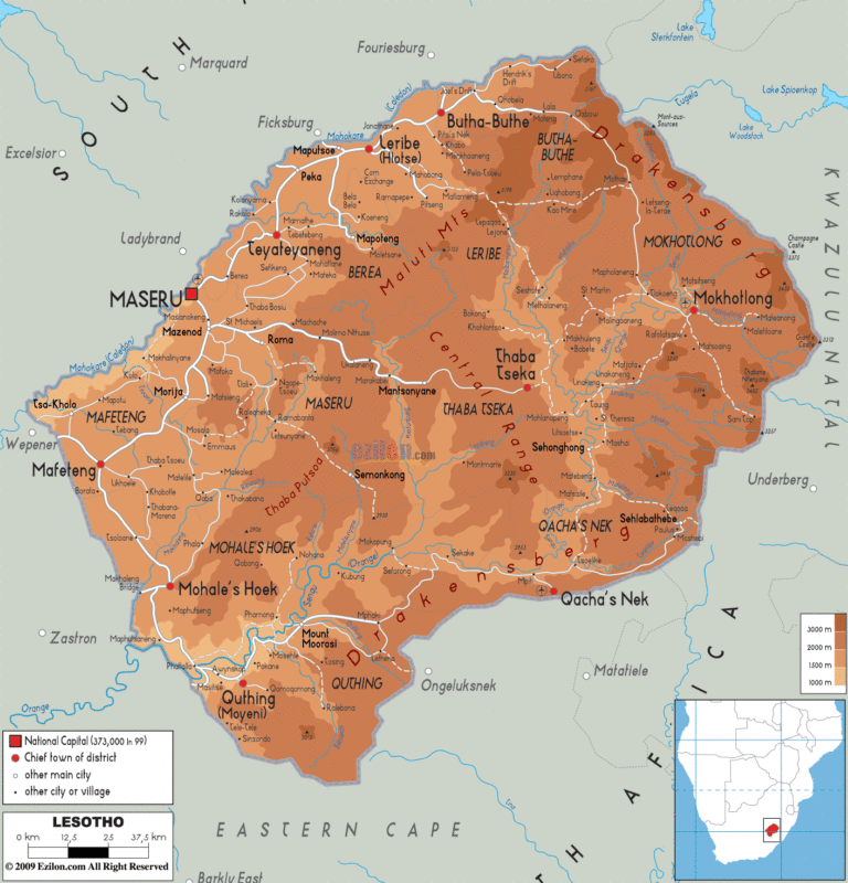 Bản đồ tự nhiên Lesotho khổ lớn